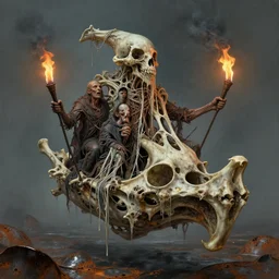 airbrush of 4 character, tiered flayed bone raft, primitive, floating on chrome rust sea, by wayne d barlowe, h r giger, simon bisley & boris vallejo, enric torres, hyper realism, narrative light, muted colors, epic, hyper detailed, awe inspiring, award winning horror, torch lighting, hyper realism, cinematical