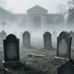 an endless eerie graveyard with ancient ornate tombstones, misty, strands of fog, catacomb in background, frame is flanked by dark trees, creepy, night, finely detailed photorealistic black and white pencil drawing