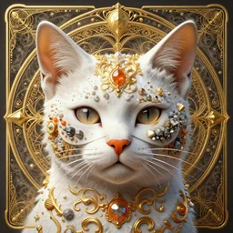 this is a portrait of a cat, face adorned with delicate mask carved minerals, tiny mineral incrustations sparkling in the light, and otherworldly, golden ratio, baroque, rococo white + orange ink tarot card ornate by marc simonetti, peter mohrbacher. detailed intricate illustration octane render fractal background sacred geometry mechanical design 3 d concept art digital 3 d printing cg vfx game environment