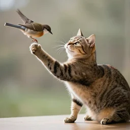 a cat is catching a bird