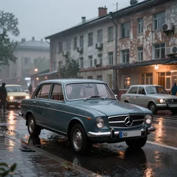 hyperrealistic matte painting of mercedes gelenvagen in soviet moscow, 1 9 6 0, playstation 5 screenshot, fine details, rain, some people, rtx reflections, soviet suburbs, paneled buildings, fog, night, photorealistic, unreal engine, octane render, volumetric light, featured on cg society, 4 k, 5 0 mm bokeh, russian lada car, artstation