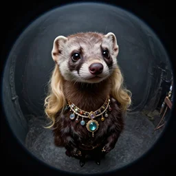 curved perspective, extreme narrow, extreme fisheye, digital art of a female embalmed marten animal wearing jewlery with blonde hairstyle by anton fadeev from nightmare before christmas