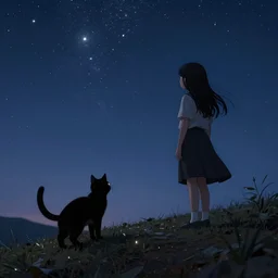 black cat and a girl looking at the stars on a hill, stardusts, hyperdetailed, artstation, cgsociety, 8 k
