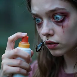 big eyed girl killing bug with bug spray, disinfestation, hardcore, ghastly, 4 k, detailed