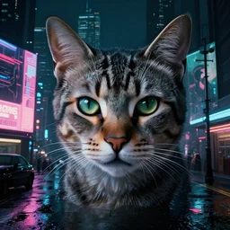 detailed face of a feline woman, moment, cyberpunk cloisters, electronic billboards, tech noir, wet reflections, prism, atmospheric, ambient, pj crook, syd mead, livia prima, greg rutkowski, edward hopper