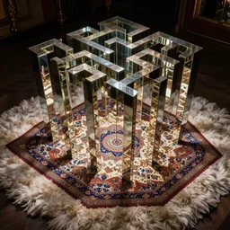 magic fluffy Persian carpet & mirror dimension, vertical labyrinth structure, by Greg Rutkowski and Gaston Bussiere, dim lighting, beautiful volumetric-lighting-style atmosphere, surreal atmosphere, intricate, detailed, photorealistic imagery, artstation