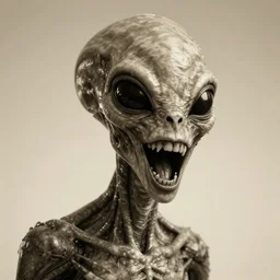 humanoid with crooked teeth, sepia tint, two shallow black eyes, long open black mouth, alien looking, big forehead, horrifying, killer, creepy, sepia tint, sepia tint _