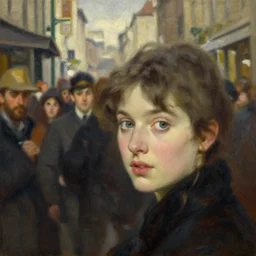 an artificial watching crowded street, oil on canvas, artstation, by j. c. leyendecker and edmund blair leighton and charlie bowater, beautiful face, octane, very aesthetic!!!!!!!!!!!!!!! stunning gorgeous big eyes