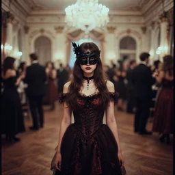 lomography, full body portrait photo of young women like reol in a wide victorian ballroom interior at a crowded masquerade party, wearing a dark gothic dress and choker with a raven mask, moody, realistic, dark, skin tinted a warm tone, light blue filter, hdr, rounded eyes,, detailed facial features