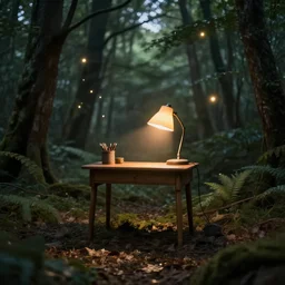 A small desk with desklamp in the middle of a forest, floating lights, magical
