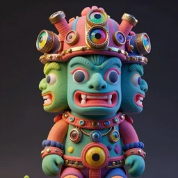 photo of a opalescent claymodel of a multicolored steampunk tiki with three heads, wearing a steampunk helmet with multicolored irisdiscent tubes and shiny metallic devices, 3 d render, crisp, trippy, 8 k, fluorescent colors, very detailed