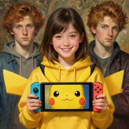 Smiling girl wearing a hoodie inspired by Pikachu, holding a Nintendo Switch, Mark Edward Fischbach, intricate, highly detailed, digital painting, artstation, concept art, smooth, sharp focus, illustration, Unreal Engine 5, 8K, art by artgerm and greg rutkowski and alphonse mucha