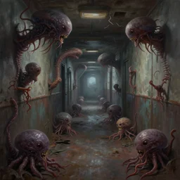 digital painting of an abandoned freighter corridor filled with alien parasite creatures that are hungry for humans, trending on artstation, painting by Artem Chebokha