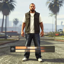 full body of Raelsan (Orelsan) in the center of image of GTA V loading screen illustration in the style of Stephen Bliss, uncrop, uncropped Orelsan very detailed GTA illustration from Stephen Bliss, full body Orelsan trending on artstation, Orelsan trending on deviantart, symmetrical face Orelsan, GTA V, Orelsan