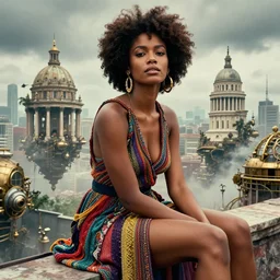 movie portrait closeup a beautiful colorful fashion icon jamaican woman is sitting on the top of a roof. beautiful natural skin, the amazing floating neoclassical city, fantasy, steampunk, intricate, amazing composition, gloomy by emmanuel lubezki