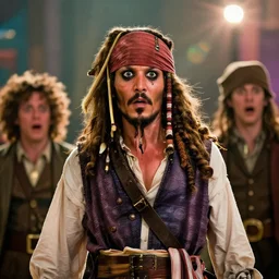 mad captain sparrow as a character in tim burton's willy wonka's chocolate factory movie, all faces are contorted, shock, repulsion, disgust, annoyance, cinematic still, movie still, long lens, shallow depth of field, bokeh, anamorphic lens flare, 8 k