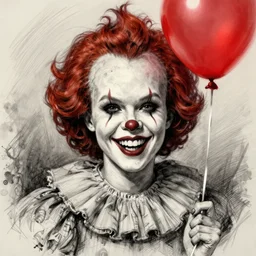 surrealism grunge cartoon portrait sketch of natalie portman with a wide smile and a red balloon by - michael karcz, loony toons style, pennywise style, horror theme, detailed, elegant, intricate