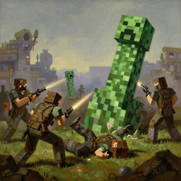 soldiers being killed by fantasy minecraft creeper, painting by Gaston Bussiere, Craig Mullins