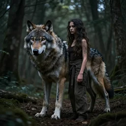 werecreature consisting of a wolf and a human, photograph captured in a dark forest