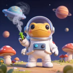 toad in space smokes grass, singularity, spaceship, planets, 4 k, beautiful, in a space suit, high quality, cartoon, unreal engine generation, mushrooms
