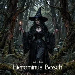satanic witch in the evil forest, fantasy, 8 k resolution, hyper detailed, character design, digital painting, sharp focus, illustration, art by hieronymus bosch