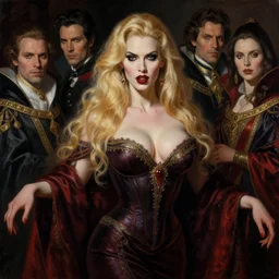 majestic gracious regal aristocratic blond female vampire portrait, atmospheric lighting, painted, voluptuous, menacing, intricate, volumetric lighting, beautiful, rich deep colours masterpiece, sharp focus, ultra detailed, by leesha hannigan, ross tran, thierry doizon, kai carpenter, ignacio fernandez rios