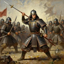 Samurai in medieval Europe slaying Ottoman soldiers, oil paint, high detail,