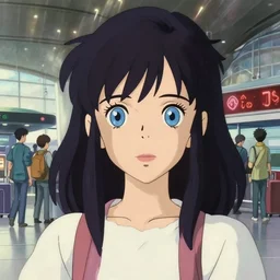 a full body portrait of a 1 9 5 0's cosmonalt disney style girl, blue eyes, finely detailed features, closeup at the faces, perfect art, in the airport yard, gapmoe yandere grimdark, trending on pixiv fanbox, painted by greg rutkowski makoto shinkai takashi takeuchi studio ghibli, akihiko yoshida,