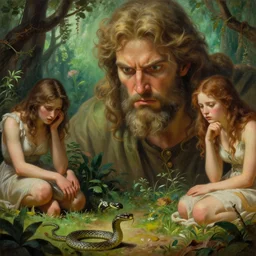 Close-up of God being angry in the Garden of Eden. Adam and Eve look very guilty and the snake is leaving the scene quietly - Matte painting , detailed painting, made by Greg Rutkowski, 4k resolution, atmospheric, breathtaking