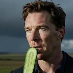 color studio photo of benedict cumberbatch looks like a cucumber, closeup