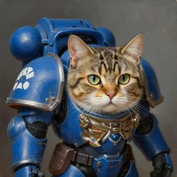 a portrait of a cat as a Space Marine from the Warhammer 40k, ultramarine space marine cat, blue armor, glorious, masterpiece painting by Rembrandt, shoulderpad with omega white symbol