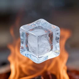 an ice cube floating above a bonfire, close view, professional photo, high details, field of view, night time, hyper realism