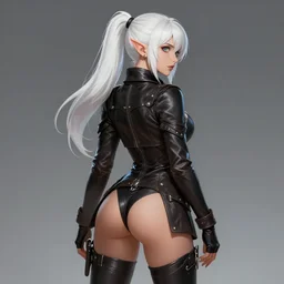 backveiw picture of elf rogue, female, white skin, ponytails, skintight leather clothes, curves, short coat, exposed hips, face details, extremely detailed, smooth, sharp focus, digital illustration, by artgerm, rossdraws, sakimichan
