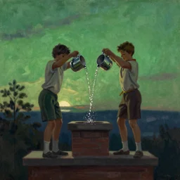 “ a gorgeous painting set in the late 1 8 0 0 s of two boys pouring water down a chimney at night, prank, dim green sunset ”