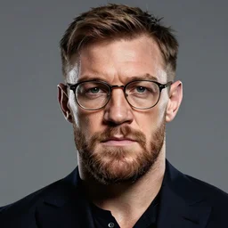 a studio portrait of Conor McGregor wearing glasses, f/1.4, 90mm, extraodinary masterpiece!!!!!!