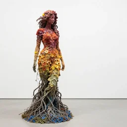 vivid sculpture of a woman made of roots and branches, covered in flowers. intricate. gradient colors. empty white space exposition. by ueda akishi, beth cavener, ellen jewett, rogers