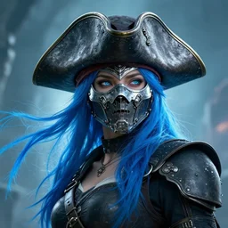 beautiful cinematic poster, a cyberpunk female wearing an armored mask and ornate silver pirate hat, brilliant blue flowing hair, beautiful glowing eyes, wideshot ultrawide angle epic scale, hybrid from the elden ring and art direction by darius zawadzki, wayne reynolds artstation ; cinematic quality character render ; low angle ; ultra high quality model, quality cinema model