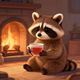 little raccoon sitting by a cozy fireplace with a cup of tea. warm color temperature. digital art,