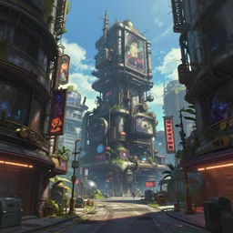 a industrial STEAMPUNK CITY Street scenery in the FAVELAS, signs and billboards Connecting MULTI LVL BUILDINGS, style of tekkon kinkreet, , rendered by myazaki, Makoto Shinkai, syd meade, environment concept, digital art, starwars, Gundam Style, unreal engine, 3 point perspective, WLOP, trending on artstation, low level, 4K UHD image, octane render,