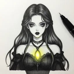 black ink marker art of elegant gothic girl with glowing pendant, digitally coloured, lineart, by caestrad, collin estrada, instagram, deep blacks, high contrast, intense lighting, artstation, highly detailed, confident, textured, artgerm, chris cold