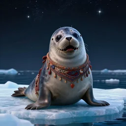 a realistic photo of a happy sappy seal, standing on a piece of ice on the ocean, dark background with sky full of stars, dressed in hippie clothes, digital art, hyperrealistic, extremely detailed, vivid, apocalyptic 8 k, octane render