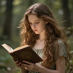 a girl reading a book, hair flowing down, 8 k, hyperrealistic, hyperdetailed, fantasy portrait by laura sava
