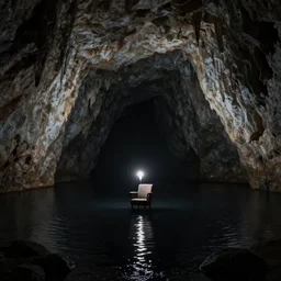 a huge cave, black cave lake, black water, chair stool armchair under a lightbulb, surrounded by black water, surreal, highly detailed, artstation, smooth, sharp focus, by greg rutkowski, 8 k