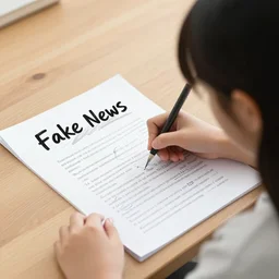 young girl with black hair writing a paper about fake news, digital art,