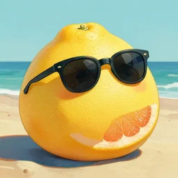 a yellow Grapefruit wearing sunglasses and relaxing on the beach, by van gogh