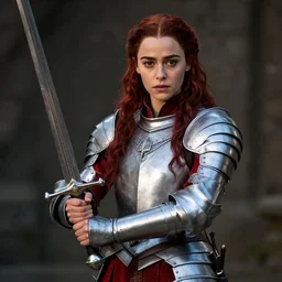 emilia clarke, as a medieval fantasy character, with dark reddish hair, wearing light, silver armor and red clothing, tan complexion, holding a longsword, determined expression, noble, cinematic, dark, realistic, digital art, 8 k