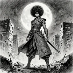 elegant, intricate detail, looking towards camera, tiffany dover, afro samurai style, full body profile, dynamic wide angle lens, by rey bustos pencil and ink, full moon lighting, fully clothed, in a post apocalyptic city, dramatic lighting, renowned for super accurate and correct human anatomy!!!