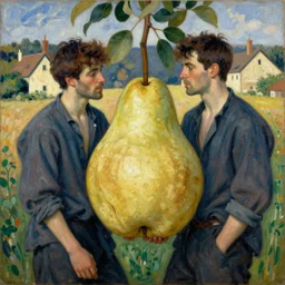 vintage beautiful painting of 2 gay men looking a giant pear in a village in Mary Cassatt style