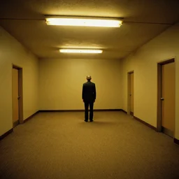 Obama lost in the backrooms, old moist carpet, mono-yellow, fluorescent lights, randomly segmented rooms, eerie