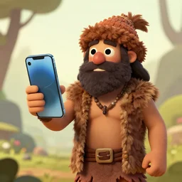 a caveman with an iphone
